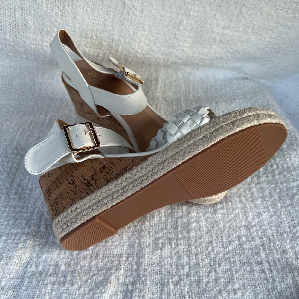 White Ankle Strap Wedge Sandals with Jute Heel